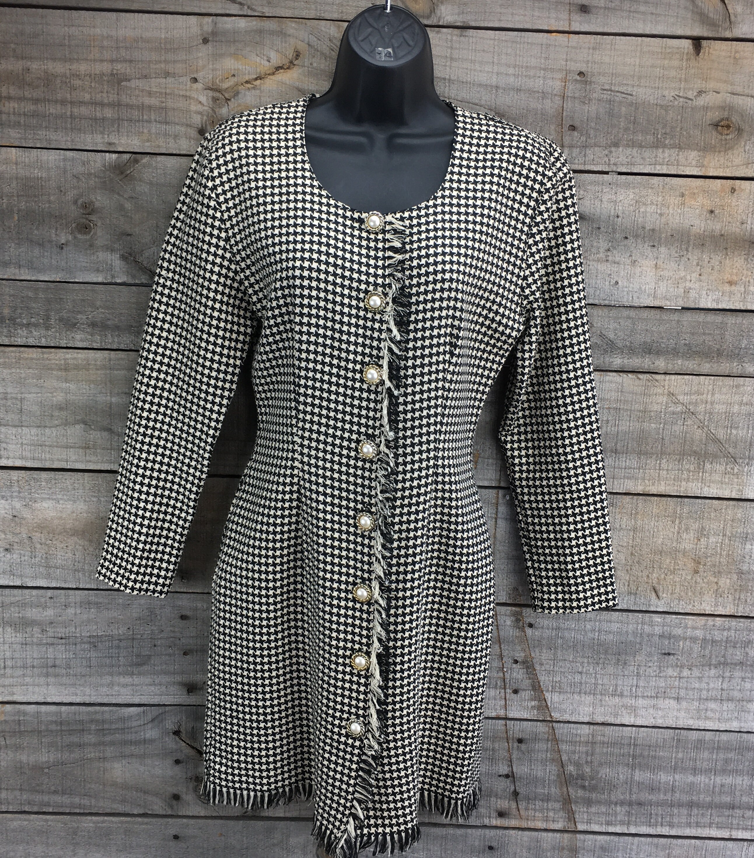 LA Belle Houndstooth Fringe Dress Women's Size ESTIMATE XS S Black