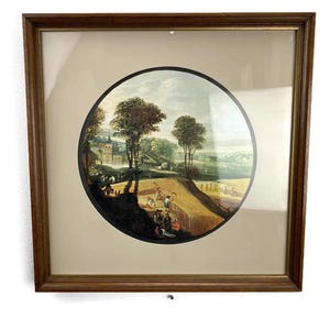 Jodocus de Momper, "Las cuatro estaciones", impresión artística de verano, marco de madera, vidrio mate, 17", cuadrado, VTG, MCM, década de 1960, cosecha de cultivos de plantación, agricultura