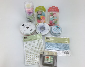 Scrapbook Spring Floral Ephemera Embellishment 9Pc Lot Stampin Up Flowers Buttons Rhinestones Ribbon Washi Tape Junk Journal Paper Crafting