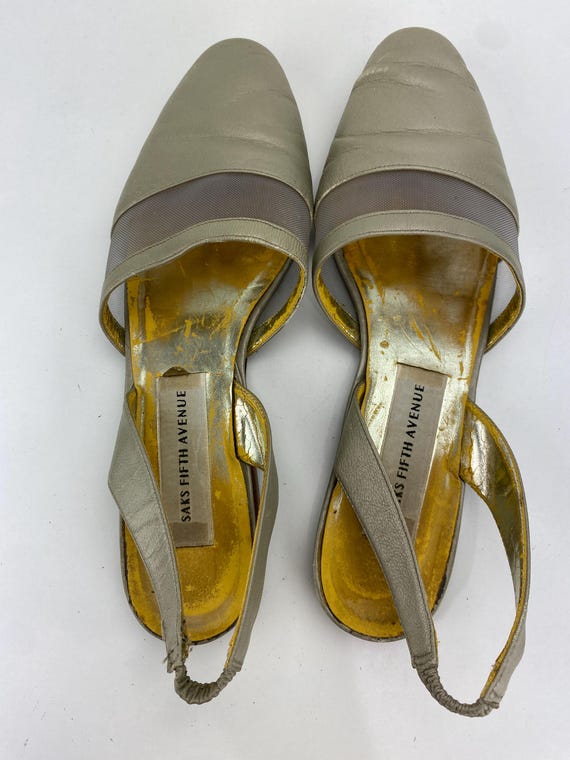 Saks Fifth Avenue Gold Leather Slingback Mules Slides Champagne Beige Flat Heels Almond Toe Women's Size 8 M VTG 80's Italy View 5