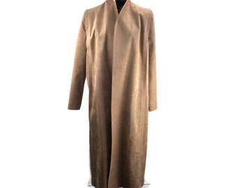 Pauline Trigere Faux Suede Trench Coat Beige Camel Women's ESTIMATED Size M Medium Open with Belt Vintage 60's-70's
