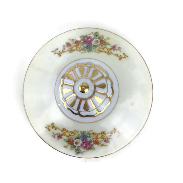 Noritake N79 ? Lid for Sugar Bowl Off White Yellowish Tan with Floral Sprays Gold Trim Porcelain VTG 4" Diameter