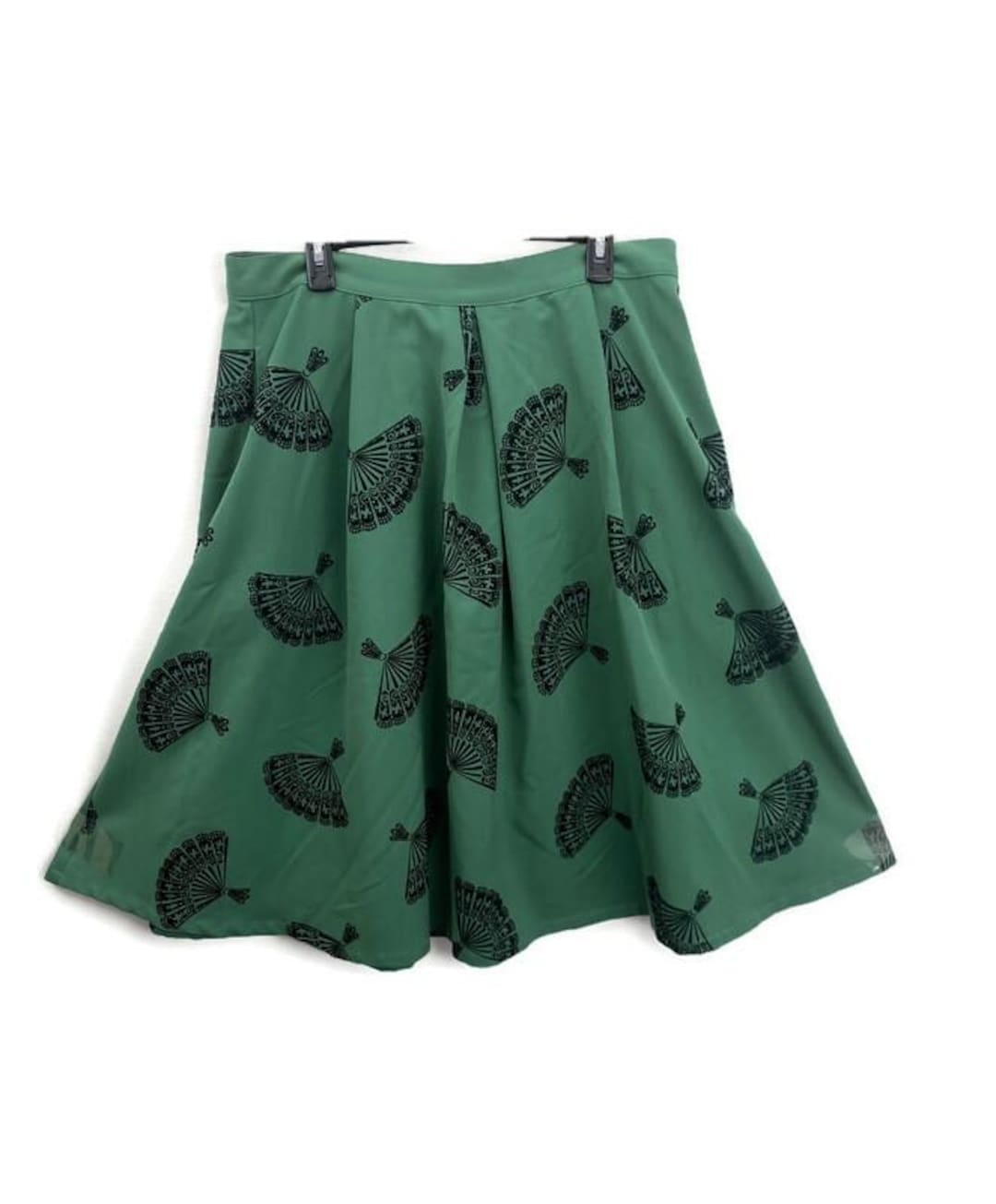 Bettie Page Las Vegas Green Pleated Gathered Skirt Women's 3XL Black Velvet Fan Design Mid Calf Below the Knee VTG