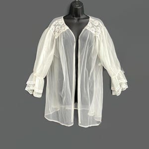 Pollinaise White Bridal Wedding Robe Sheer Chiffon Sexy Lingerie Peignoir Negligee Short Chemise Womens L Lace Beaded Long Sleeves VTG 1950s