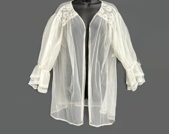 Pollinaise Weiß Braut Hochzeit Robe Schiere Chiffon Sexy Dessous Peignoir Negligee Kurze Chemise Damen L Spitze Perlen Lange Ärmel VTG 1950er Jahre