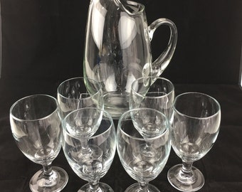 Clear Glass Pitcher 3L Set 7pc with 6 Stemmed Drinking Glasses 14oz Vintage Drinkware Tea Water Lemonade