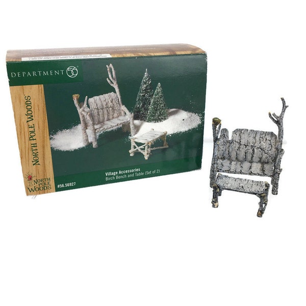 Department 56 North Pole Woods Birch Bench & Table Set of 2 in Original Box #56927 Vintage 2000 Village Accessories Christmas