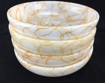 Hazel Atlas Drizzle on White Milk Glass Bowls Set of 4 Butterscotch Orange Yellow Spaghetti String Spatter Paint MCM VTG Cereal Salad FLAW