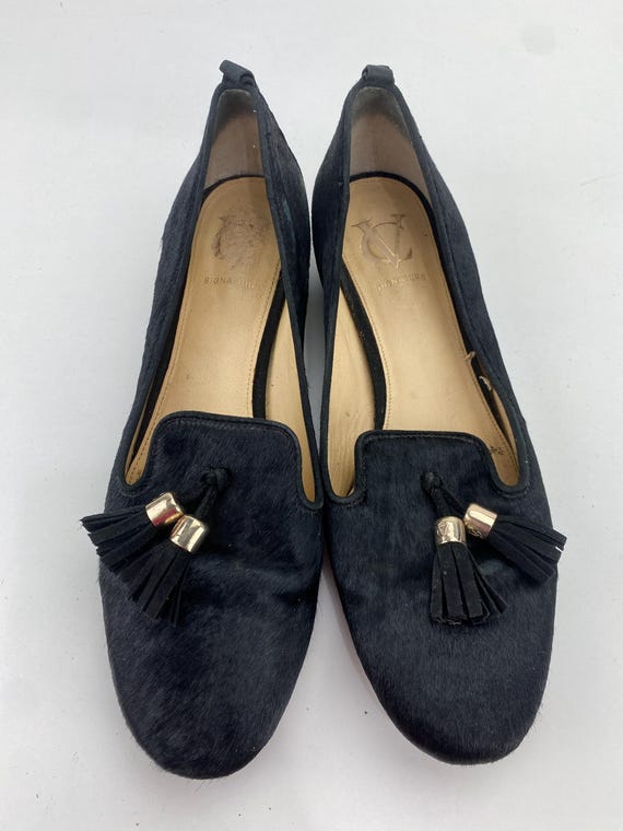Vince Camuto Signature Nancy Tassel Loafers Black Calf Cow Hair Fur Slip Ons Flat Low Heels 1" Almond Toe Women's Size 8 M VTG View 2