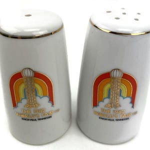 1982 World&#39;s Fair Salt and Pepper Shakers w/ Stoppers Knoxville TN 3&quot; Porcelain Japan VTG