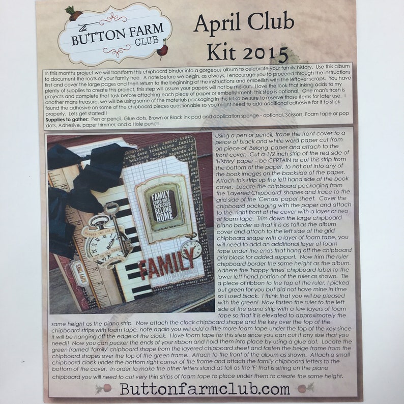 Button Farm Club Album Kit April 2015 Bo Bunny Heritage Scrapbooking Journaling Book Set Complete Retired image 3