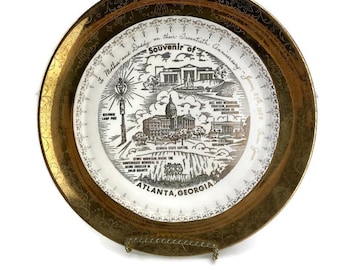 Crest O Gold Atlanta Georgia Dekoracyjny talerz pamiątkowy W. S. George 22 karaty 10 cali PERSONALIZOWANY Ceramic VTG MCM Lata 50. XX wieku