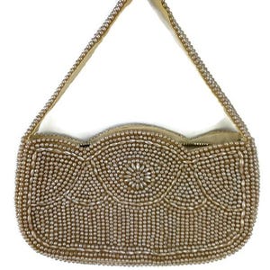 Bolso de mano de noche con perlas y cuentas de John Wind, estilo Art Déco Nouveau japonés vintage beige champán