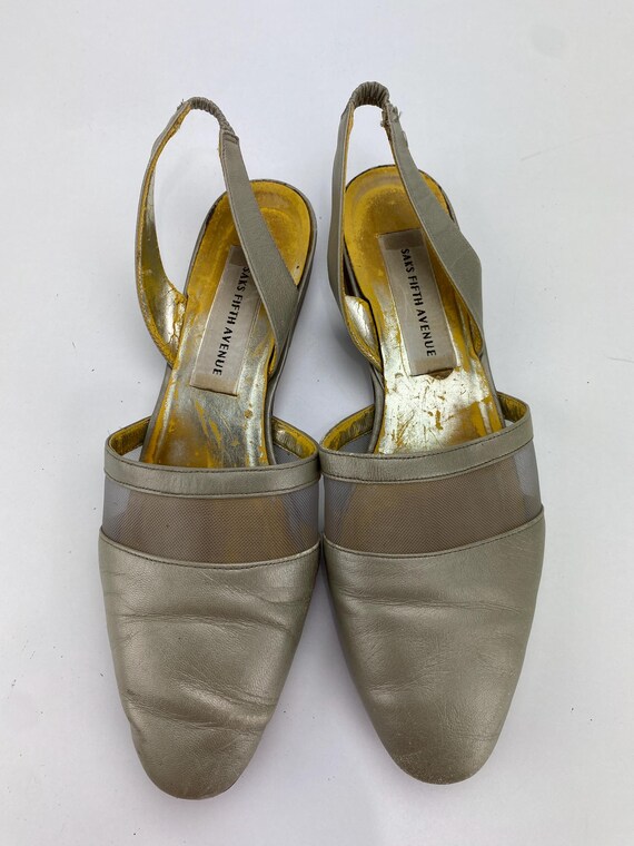 Saks Fifth Avenue Gold Leather Slingback Mules Slides Champagne Beige Flat Heels Almond Toe Women's Size 8 M VTG 80's Italy View 2