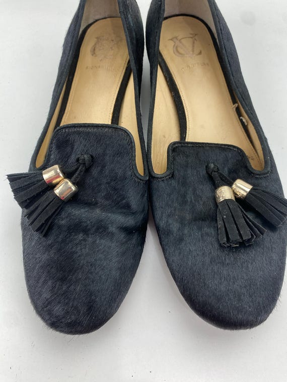 Vince Camuto Signature Nancy Tassel Loafers Black Calf Cow Hair Fur Slip Ons Flat Low Heels 1" Almond Toe Women's Size 8 M VTG View 3
