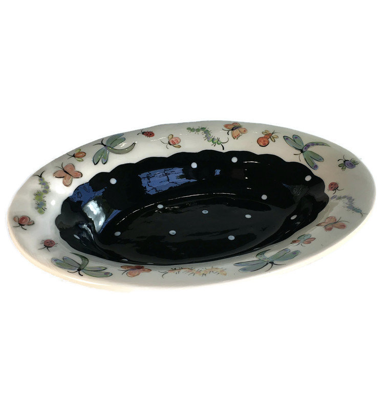 Oval Serving Bowl Footed Societ Luca Della Robbia SLR Black White Polka Dot Butterfly Garden Dragonflies Ladybugs Bees