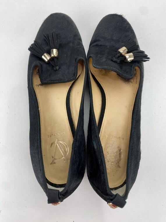 Vince Camuto Signature Nancy Tassel Loafers Black Calf Cow Hair Fur Slip Ons Flat Low Heels 1" Almond Toe Women's Size 8 M VTG View 6