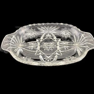Anchor Hocking Prescut Clear Glass Oval 2 Part Divided Relish Tray Plate Dish 10&quot; Star of David Starburst Fan VTG 1960&#39;s DISCONTINUED