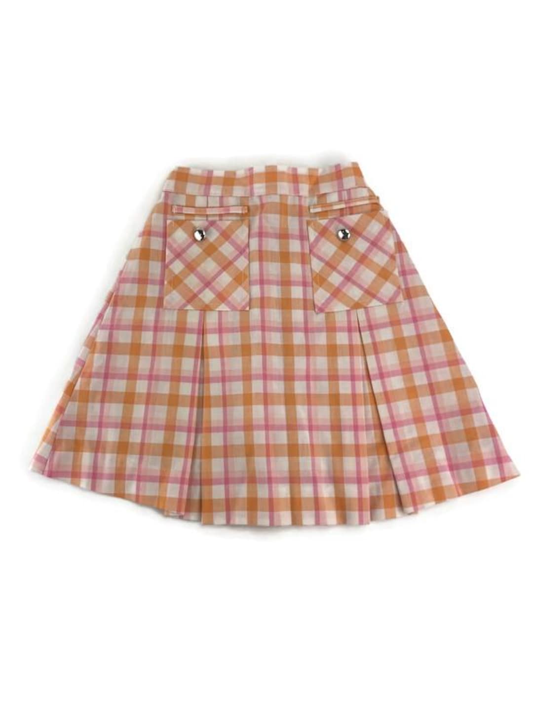 Orange Pink Plaid Pleated Skirt Girls ESTIMATED Size 8 - 10 VTG