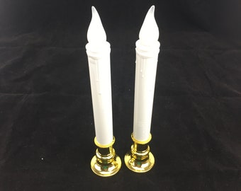 Flickering Flameless Candlestick Pair 9.5" White Gold Vintage Christmas Home Decor