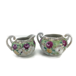 Creamer & Open Sugar Set Painted Floral Green Purple Ornate Design Porcelain VTG Antique