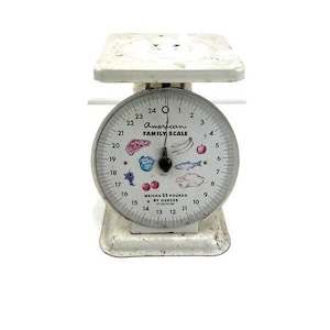 Vintage Kitchen Scale American Family Food Meat Graphics White 25lb Works ***Needs New Pointer Hand