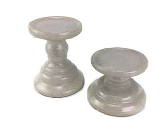 Round Ceramic Candle Holders Pedestal Pillar Pair Set of 2 Antique Crackle Style VTG Cream Beige Off White