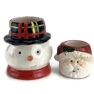 Christmas Snowman & Santa Claus Votive Tealight Candle Holder Figurines Small Ceramic Lot of 2 VTG Holiday Decor