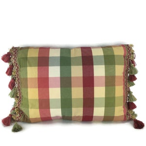 Decorative Fringe Tassel Accent Throw Pillow Plaid Buffalo Check Rectangle Red Pink Green Yellow 20x14 Elegant Formal Fancy Vintage 1990's