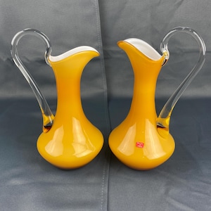 Empoli Cased Italian Pitcher Ewer Vase ***FLAWS*** PICK 1 Hand Blown Art Glass Butterscotch Mustard Yellow Clear Handle Italy Vtg MCM