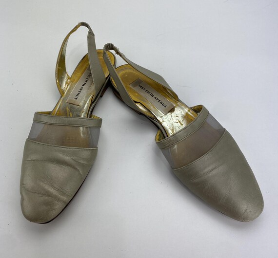Saks Fifth Avenue Gold Leather Slingback Mules Slides Champagne Beige Flat Heels Almond Toe Women's Size 8 M VTG 80's Italy