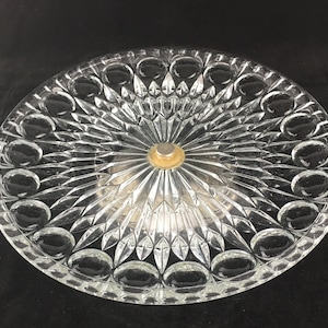 Footed Pedestal Cake Stand 11&quot; Clear Glass Round Thumbprint Bubbles Starburst Patterned VTG MCM Silver Plate Screw Bottom Dessert Serve Dish