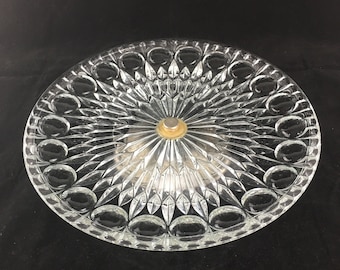 Footed Pedestal Cake Stand 11" Clear Glass Round Thumbprint Bubbles Starburst Patterned VTG MCM Silver Plate Screw Bottom Dessert Serve Dish