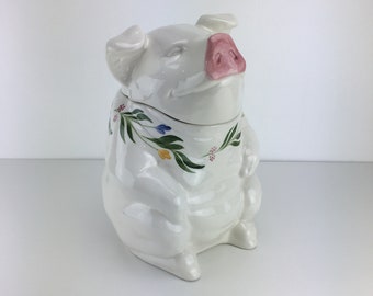 Los Angeles Pottery USA Floral Pig Cookie Jar Large Oversized Jumbo 14.5&quot; White Ceramic Vintage FLAW