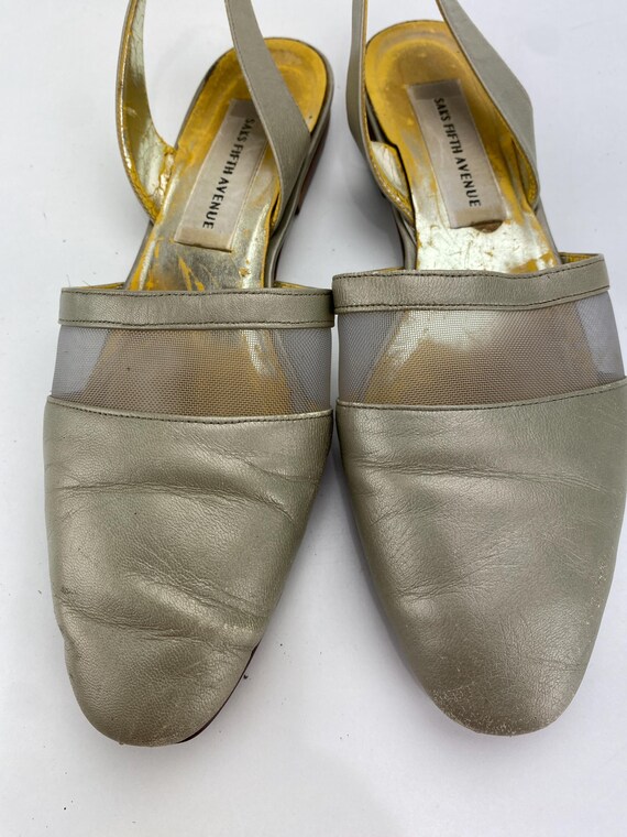 Saks Fifth Avenue Gold Leather Slingback Mules Slides Champagne Beige Flat Heels Almond Toe Women's Size 8 M VTG 80's Italy View 3