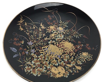 Imperial Kiku Black Floral Plate 10.25" Round Ceramic MCM VTG 1960's - 1980's Japan Asian Oriental Home Decor