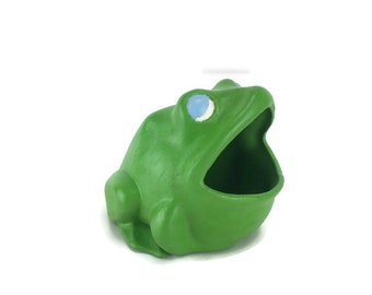 Green Frog Scrubby Sponge Holder with Blue Eyes 3.5" Small Ceramic Vintage 1970's Kitschy