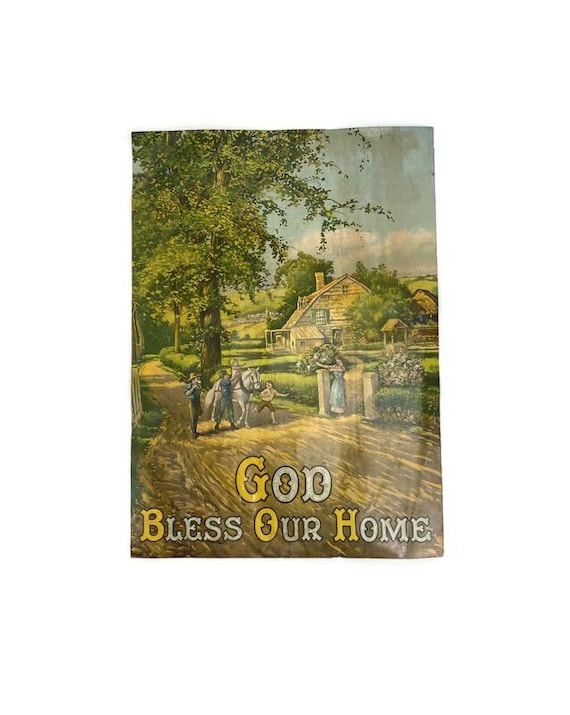 God Bless Our Home Print VTG 1930s 16 FRENCH VINTAGE BLESS