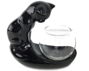 Black Cat Fish Bowl Plant Holder Figurine Haeger Inspired Ceramic with Crisa Glass VTG ***Chipped