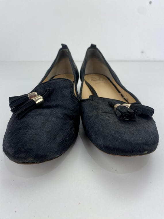 Vince Camuto Signature Nancy Tassel Loafers Black Calf Cow Hair Fur Slip Ons Flat Low Heels 1" Almond Toe Women's Size 8 M VTG View 4