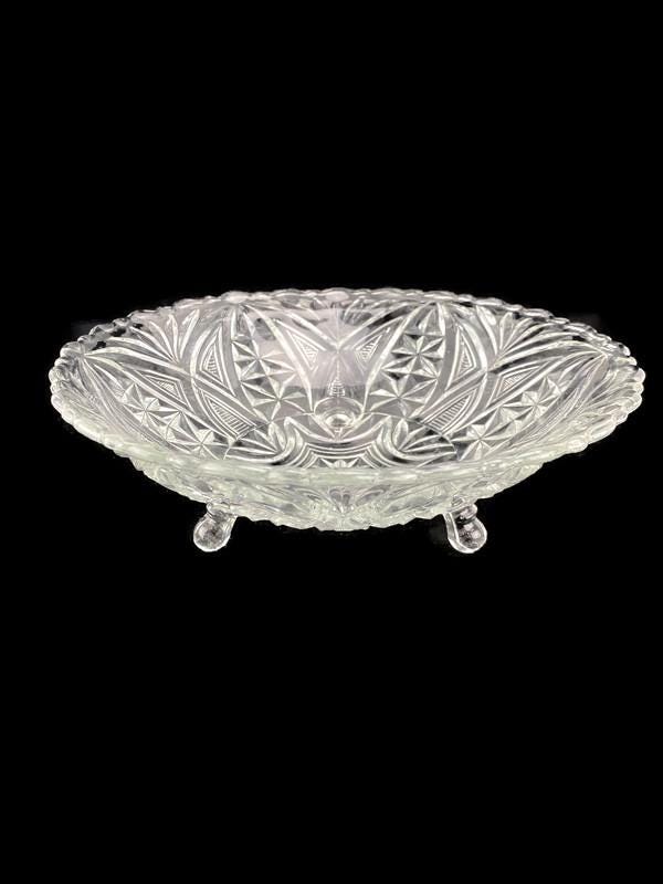 Anchor Hocking Stars & Bars 1000 Line Arch Berry Fruit Nut Bon Bon Bowl Candy Trinket Dish 9" 3 Toe Footed Antique VTG