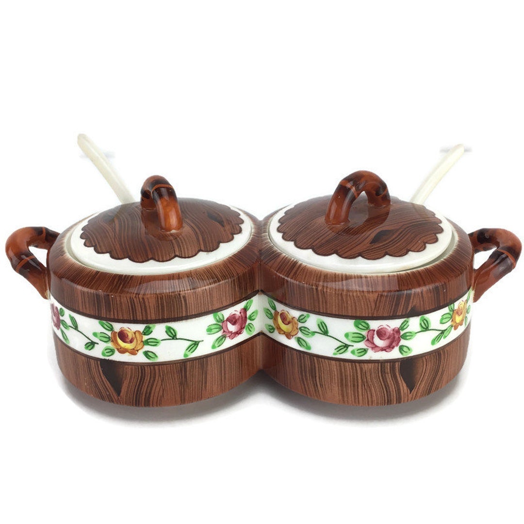 Mahogany Wood Pacific シルバークロス食器ボックスのみ PY Japan Orchard Ware Condiment Serving Bowls W/ Lids & Spoons