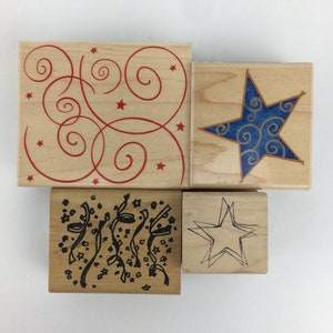 Lote de 4 sellos para fiestas, celebraciones, confeti de felicitación, serpentinas, remolinos y estrellas de Hero Arts, Flourish, Stampabilities, Swirly Star