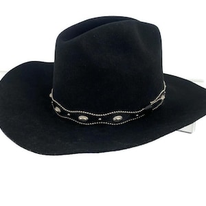 Black Wool Felt Cowboy Hat Men’s Womens Unisex 6 7/8 Large Child&#39;s Leather & Silver Studded Hatband Made in USA VTG Ace HY Sales Inc El Paso