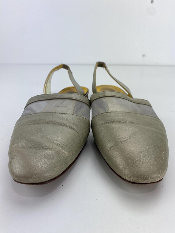 Saks Fifth Avenue Gold Leather Slingback Mules Slides Champagne Beige Flat Heels Almond Toe Women's Size 8 M VTG 80's Italy View 4