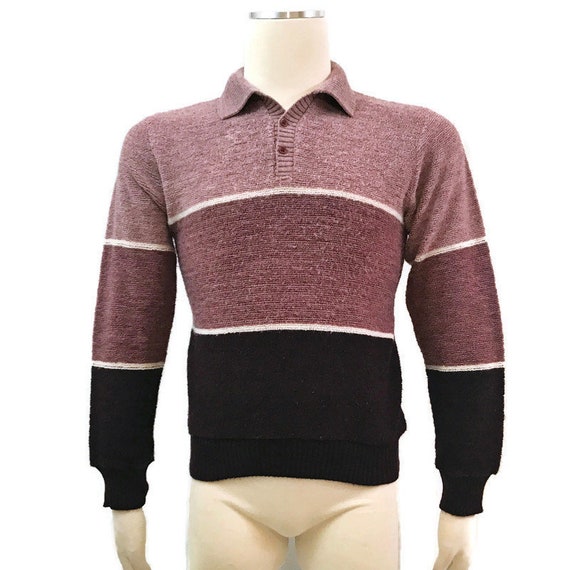 Vintage 70s Shirt Boucle Knit Mens Gradient Stripe