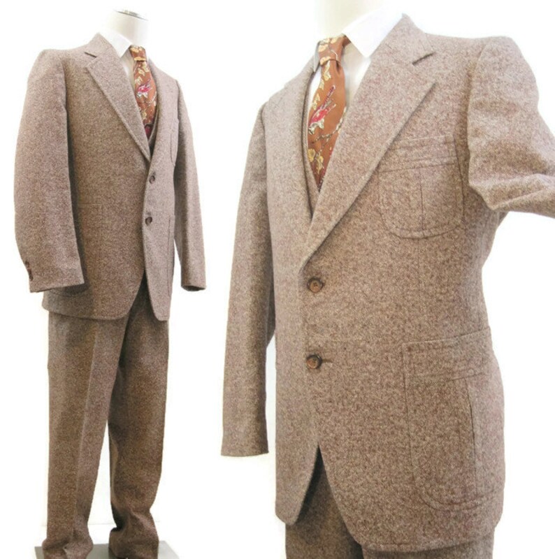 Vintage 3 Piece Suit Tweed Flecked Wool Jacket vest trousers 42