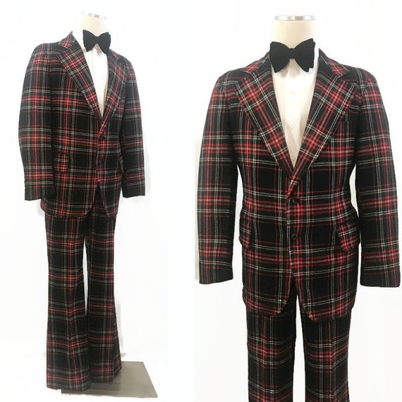 Vintage 70s Suit Men's Plaid Wool Disco Flared Fit
