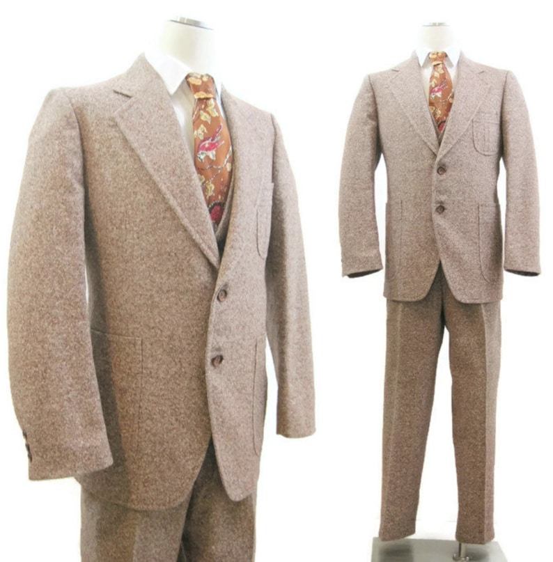 Vintage 3 Piece Suit Tweed Flecked Wool Jacket vest trousers 42