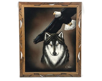 Vintage Black Velvet Painting by Ortiz Wolf Dog Eagle Wood Framed Signed AS IS